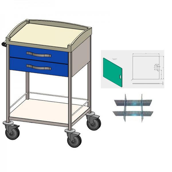 Carroça modular de aço inoxidável: com duas gavetas superiores e duas estantes, tabela de paragem e separadores em gavetas